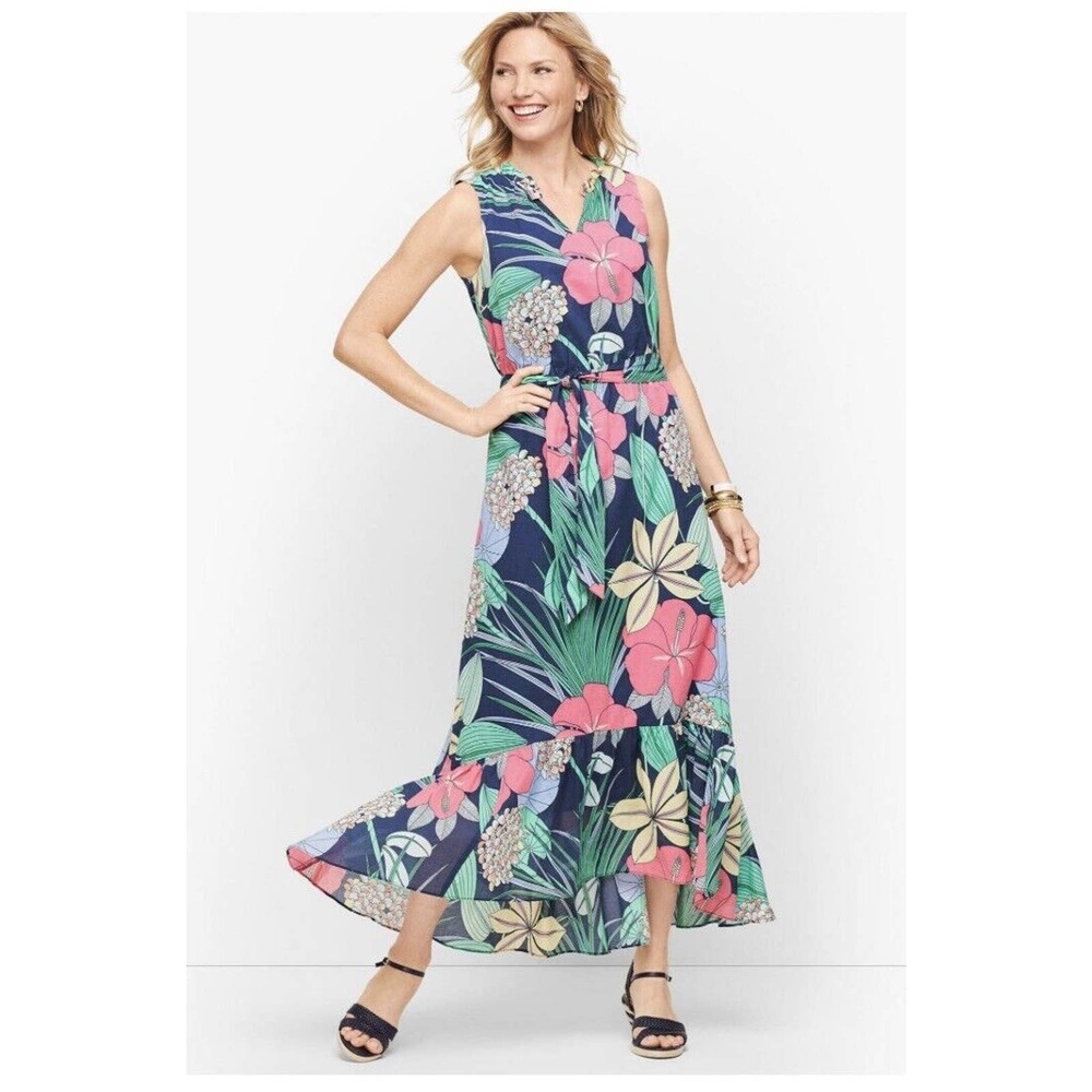 NWT Talbots Hibiscus Tropical Floral Print Midi Maxi Dress Size 4P Blue Pink - Picture 6 of 6